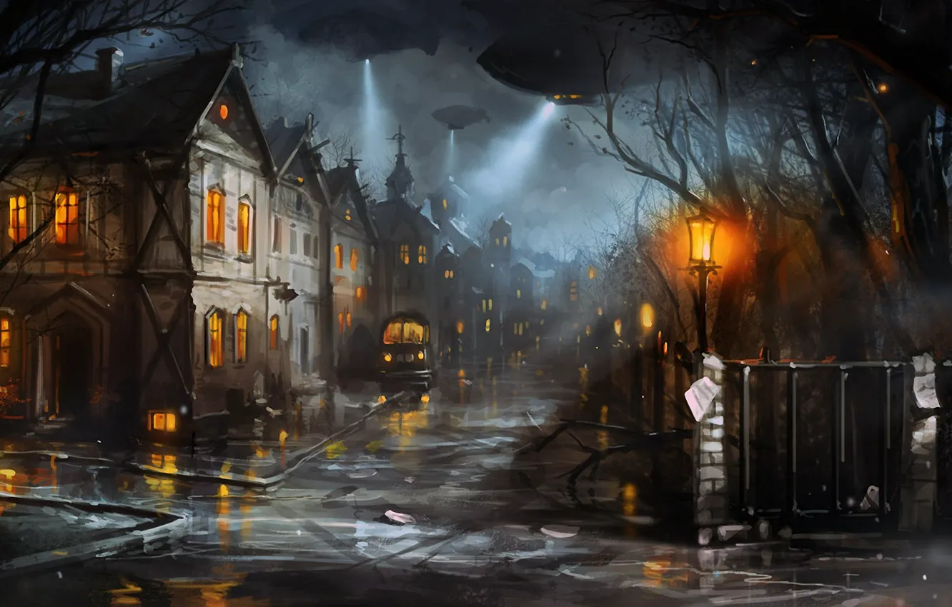 Photo wallpaper machine, the city, street, home, the evening, lights