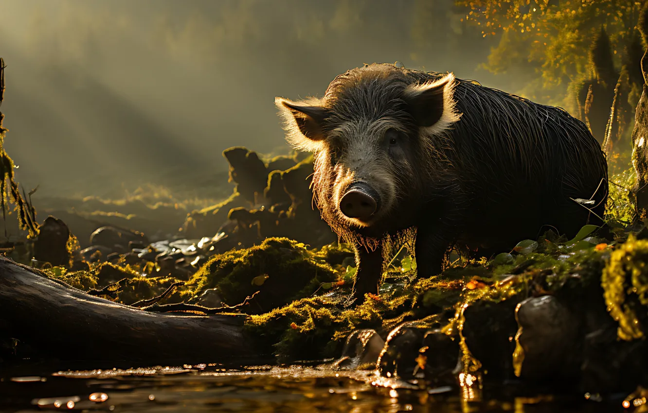 Photo wallpaper light, nature, stones, shore, boar, pond, AI art, The Art of Artificial Intelligence