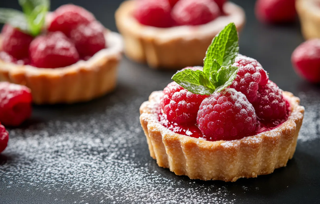 Photo wallpaper berries, raspberry, mint, dessert, cupcakes, powdered sugar, tartlets, AI art