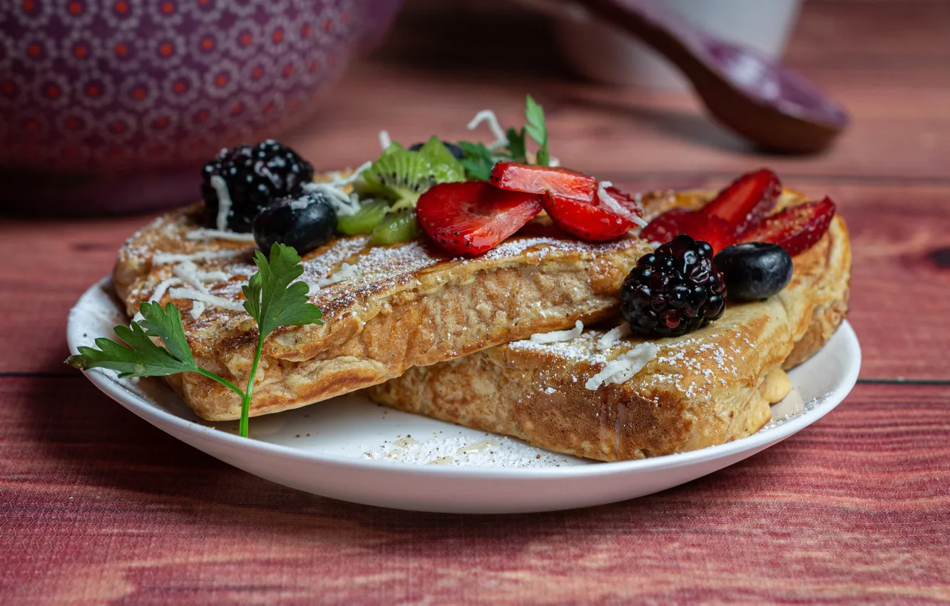 Photo wallpaper berries, raspberry, kiwi, blueberries, plate, bread, BlackBerry, toast