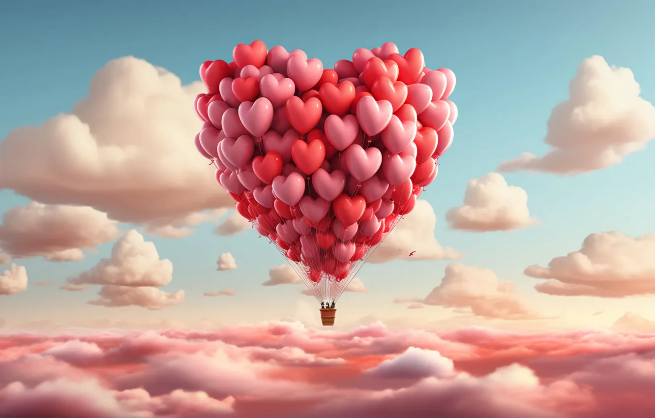 Photo wallpaper Valentine's day, red, Flies, air, holiday, heart, blue background, balloon
