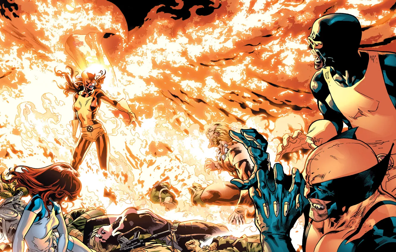 Photo wallpaper battle, Wolverine, X-Men, Marvel Comics, Cyclops, Dark Phoenix, Sabretooth, Mistique