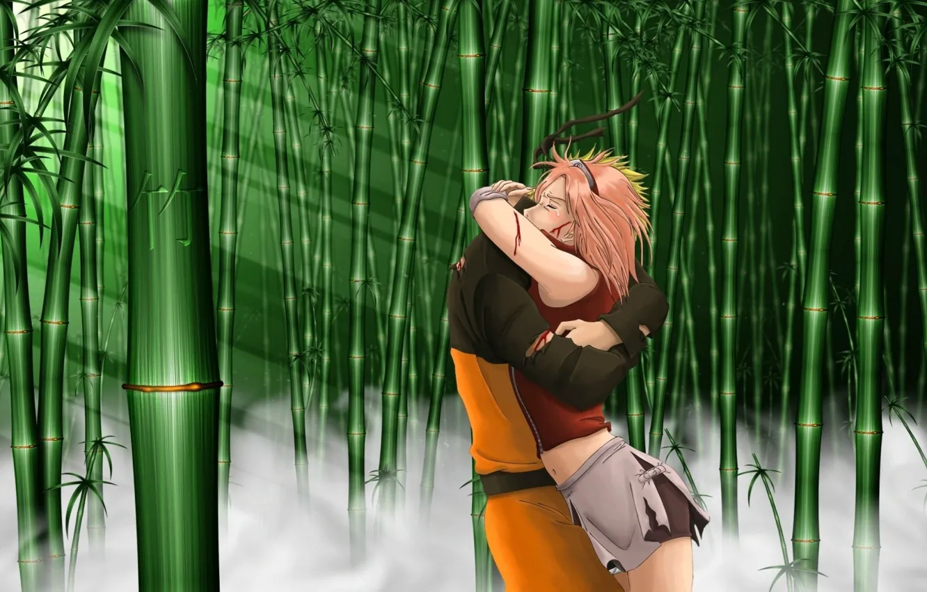 Photo wallpaper fog, blood, meeting, tears, hugs, rays of light, Sakura Haruno, Naruto Uzumaki