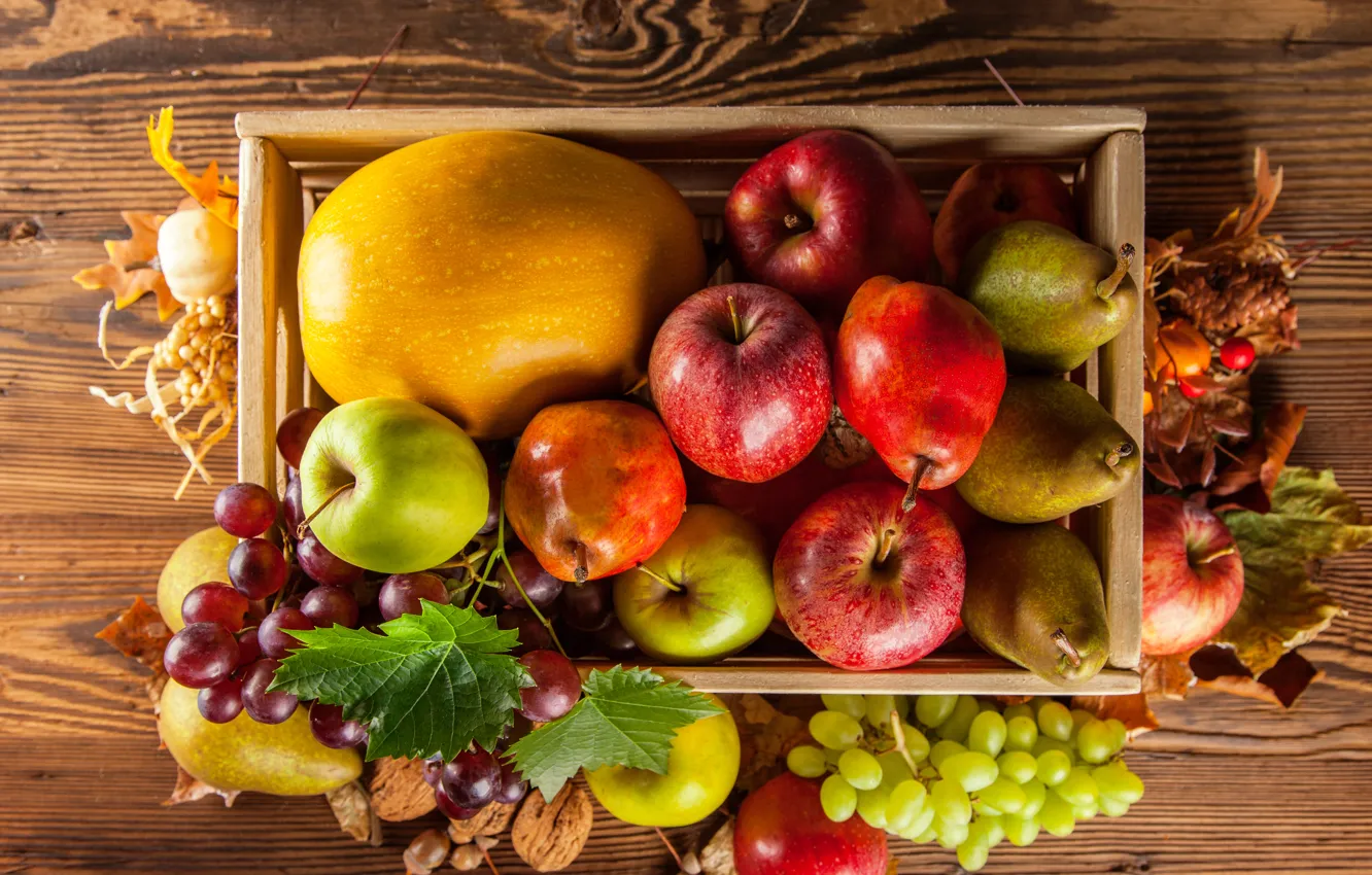 Photo wallpaper autumn, apples, harvest, grapes, pumpkin, fruit, box, vegetables