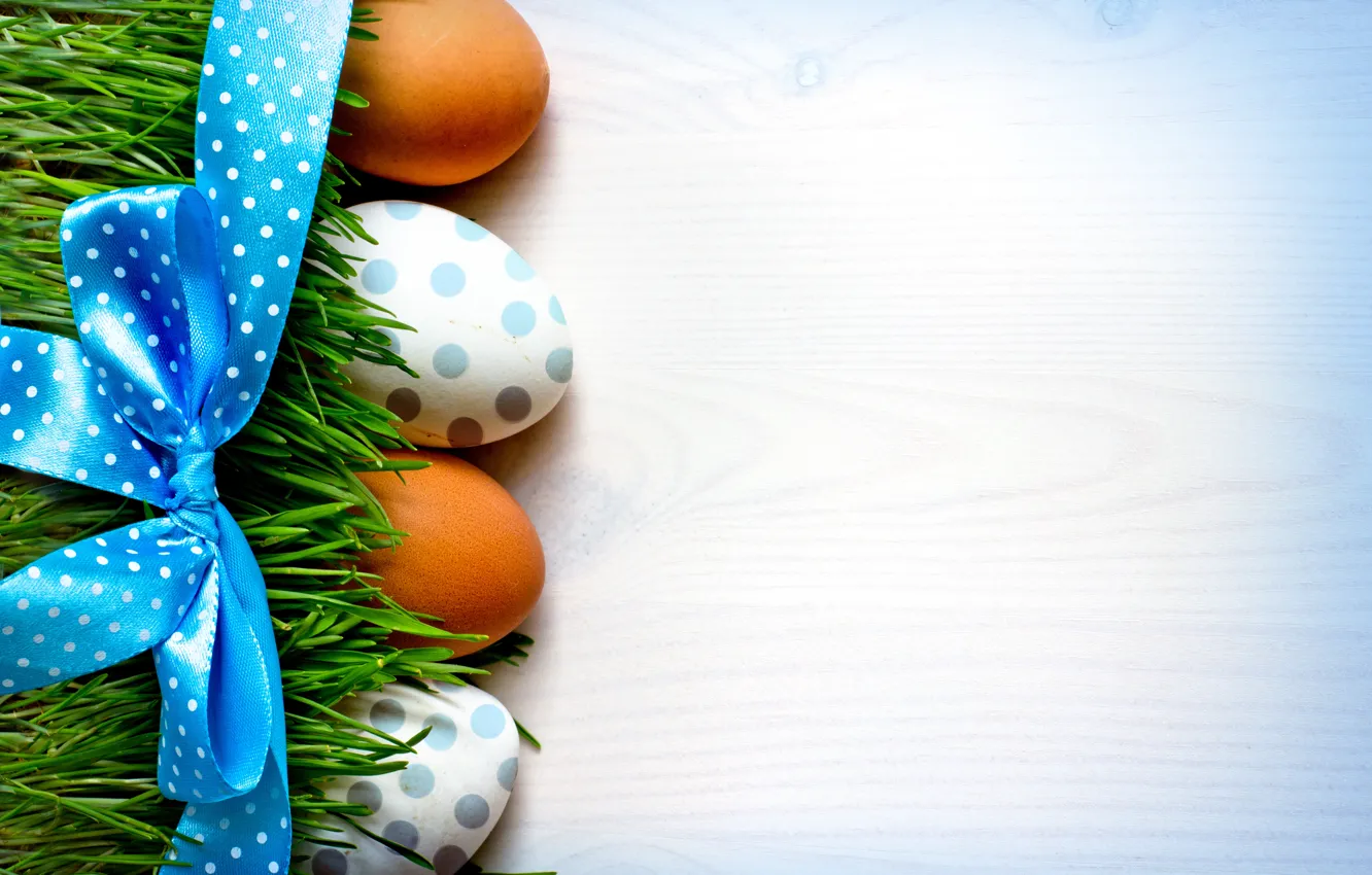 Photo wallpaper grass, background, holiday, eggs, Easter, tape, bow, Easter