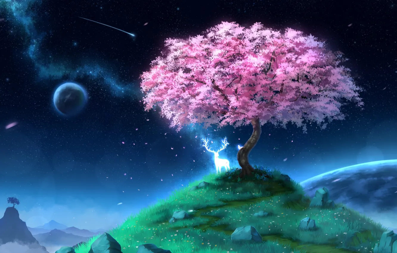 Photo wallpaper spirit, deer, Sakura, hill