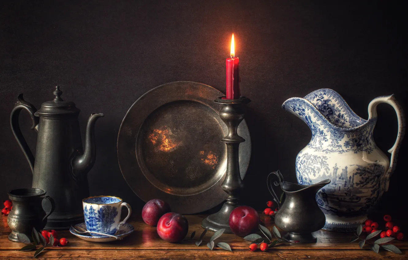 Photo wallpaper style, background, candle, briar, mug, pitcher, still life, plum