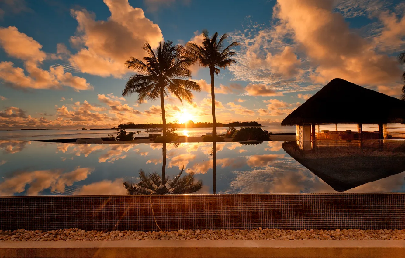 Photo wallpaper sea, palm trees, the ocean, houses, tropic