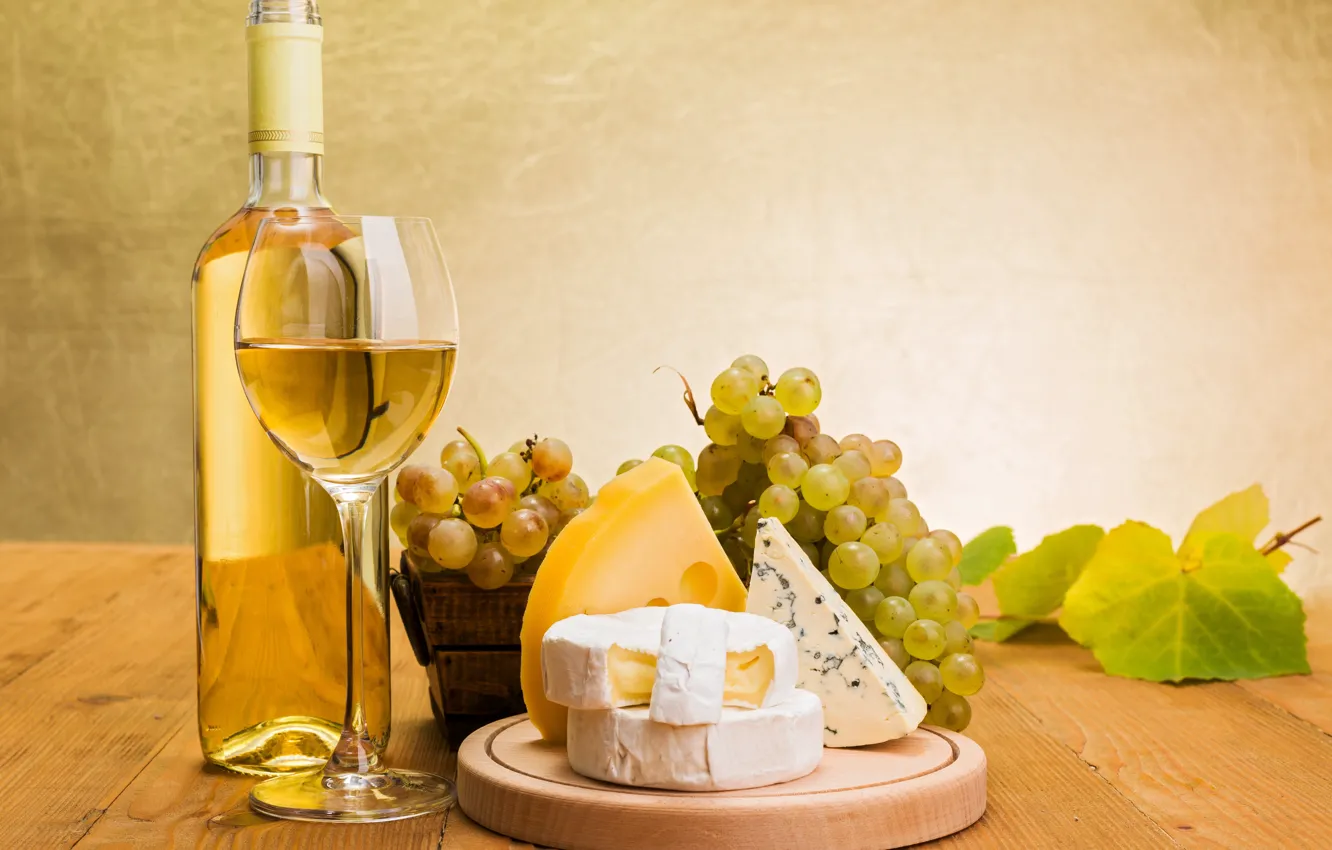 Photo wallpaper wine, white, glass, bottle, cheese, grapes, Dor blue, Camembert