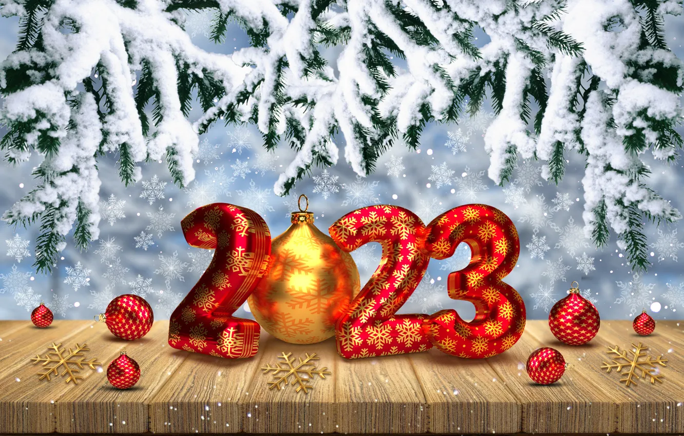 Photo wallpaper winter, snow, snowflakes, balls, new year, figures, metal, golden