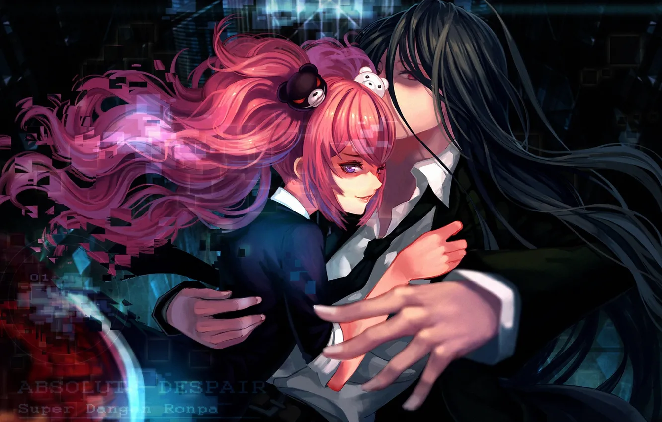 Photo wallpaper girl, smile, anime, art, hugs, guy, bears, enoshima junko