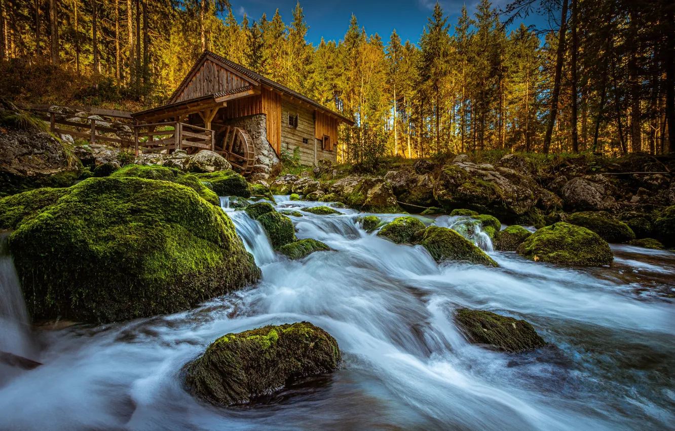Photo wallpaper autumn, trees, river, stones, moss, Austria, water mill