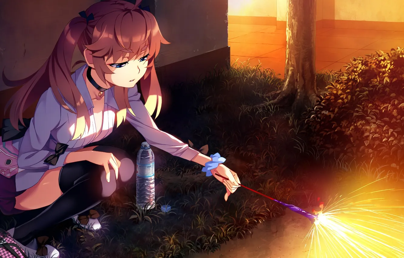 Photo wallpaper girl, trees, bottle, the evening, art, fireworks, backpack, grisa of no kajitsu