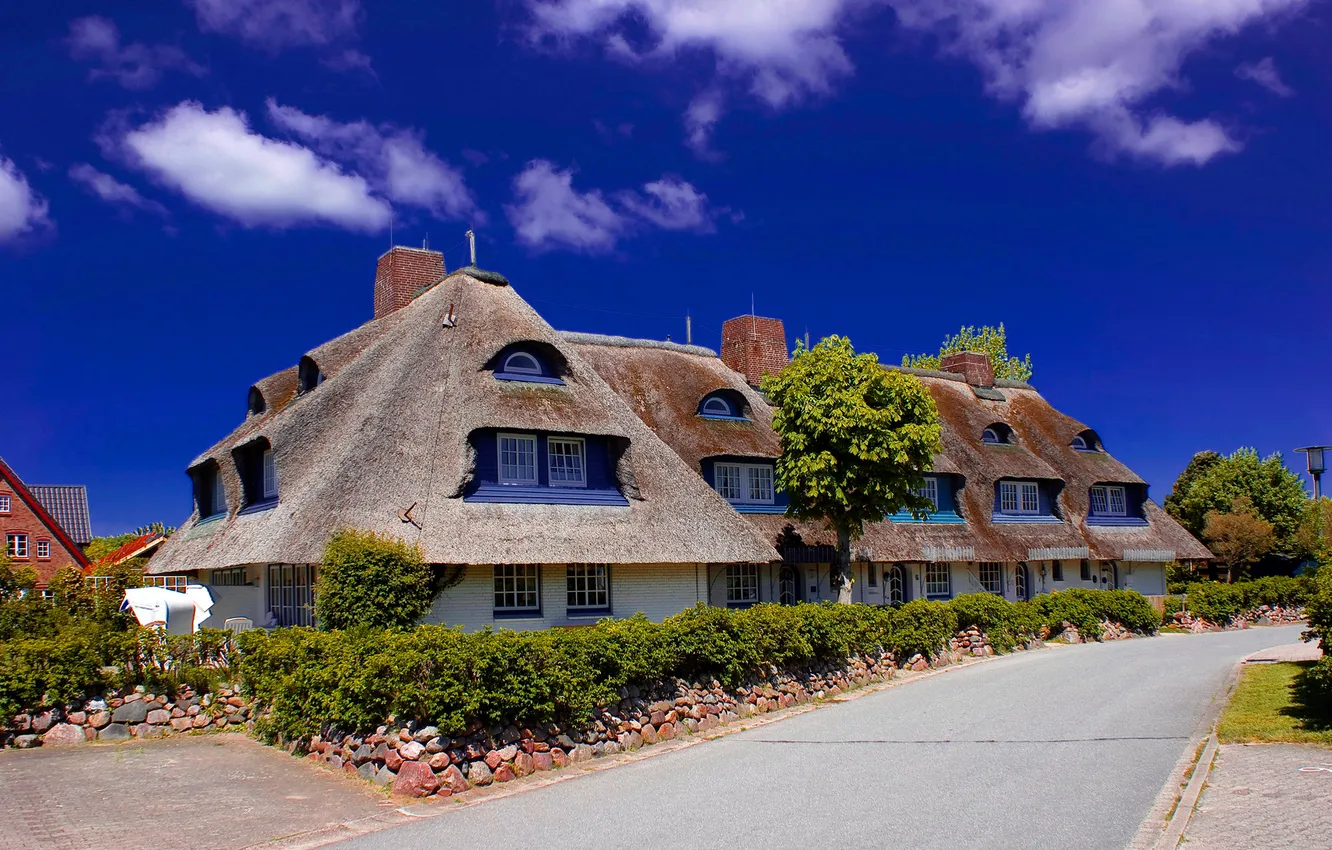 Photo wallpaper road, roof, the sky, clouds, trees, landscape, flowers, home
