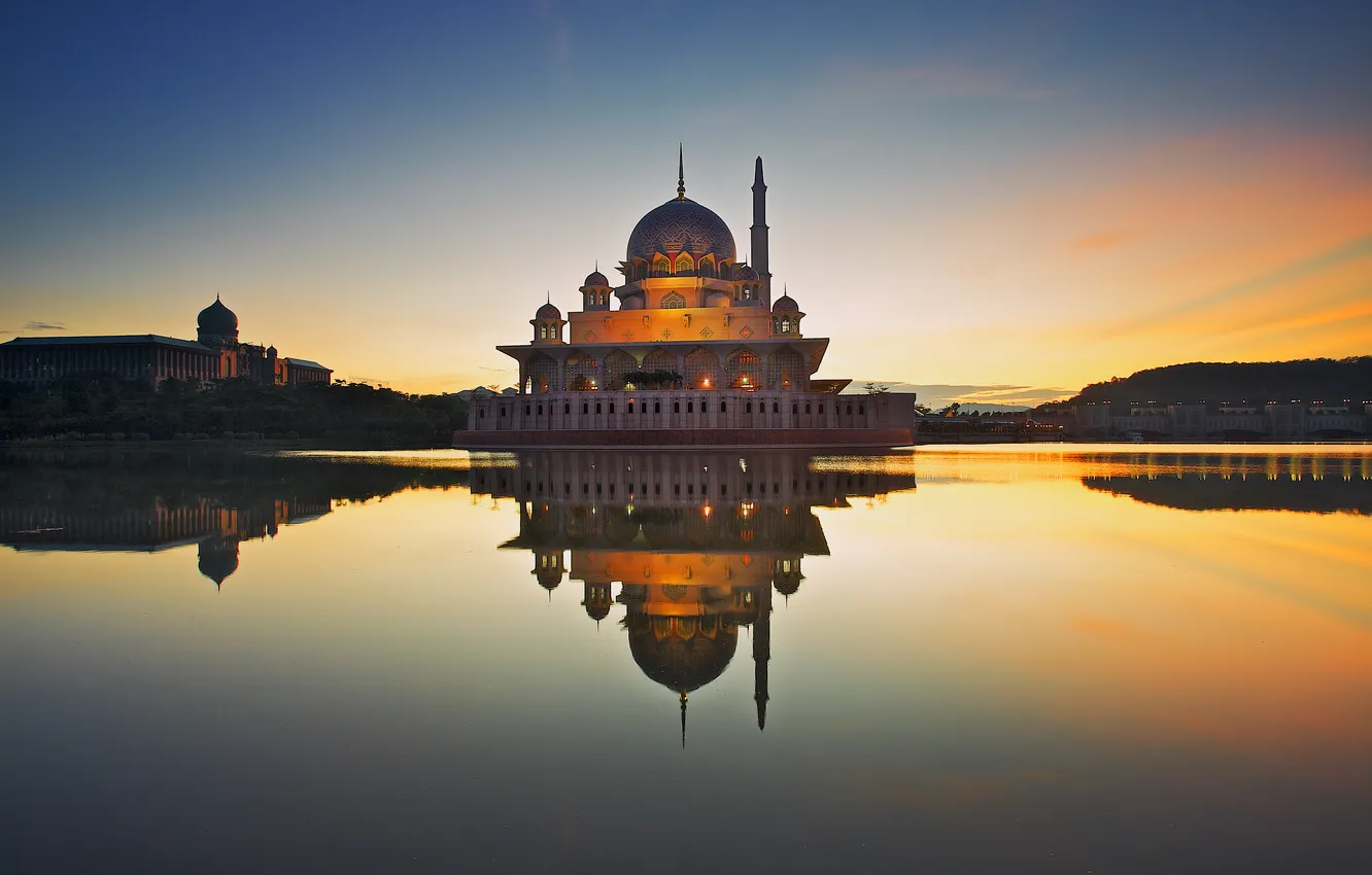Photo wallpaper the sky, clouds, sunset, reflection, mirror, Malaysia, Putra Mosque, Putrajaya Lake