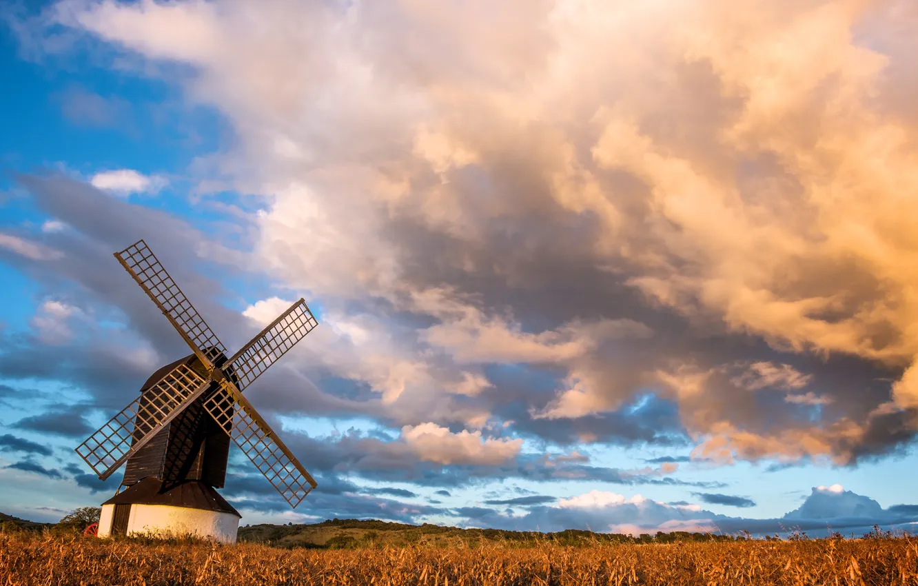 Photo wallpaper field, the sky, clouds, mill