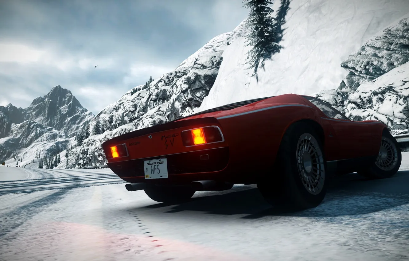 Photo wallpaper road, snow, mountains, sports car, classic, view, Need for Speed The Run, Lamborghini Miura SV