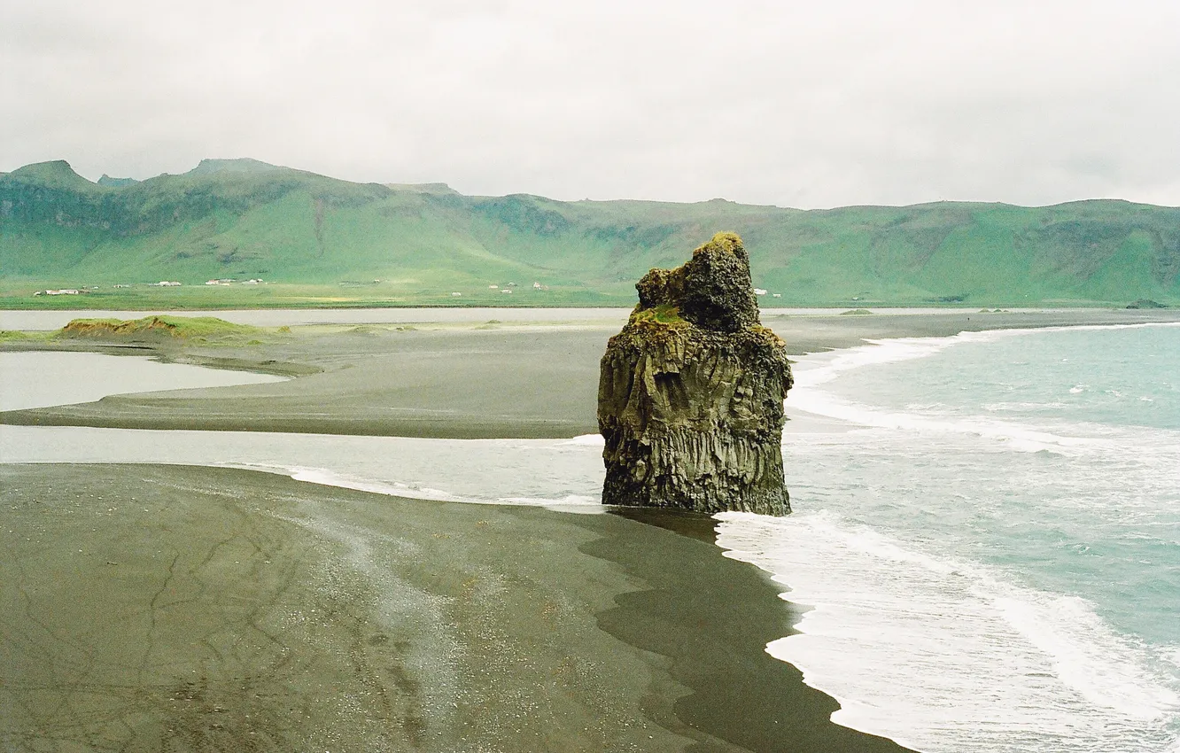 Photo wallpaper wave, beach, mountains, river, rocks, village, rainy