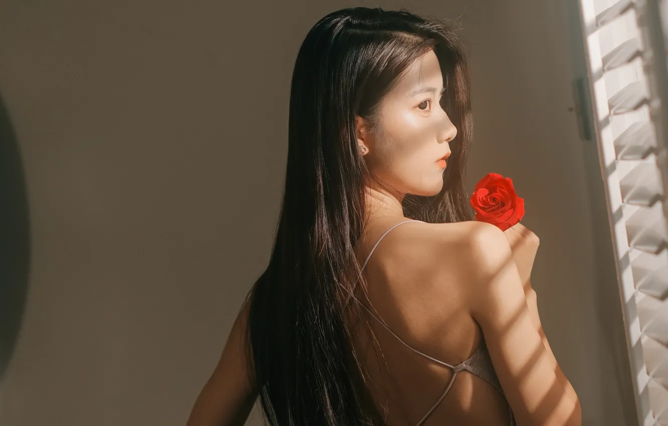 Photo wallpaper rose, flower, woman, beautiful, model, pretty, window, asian