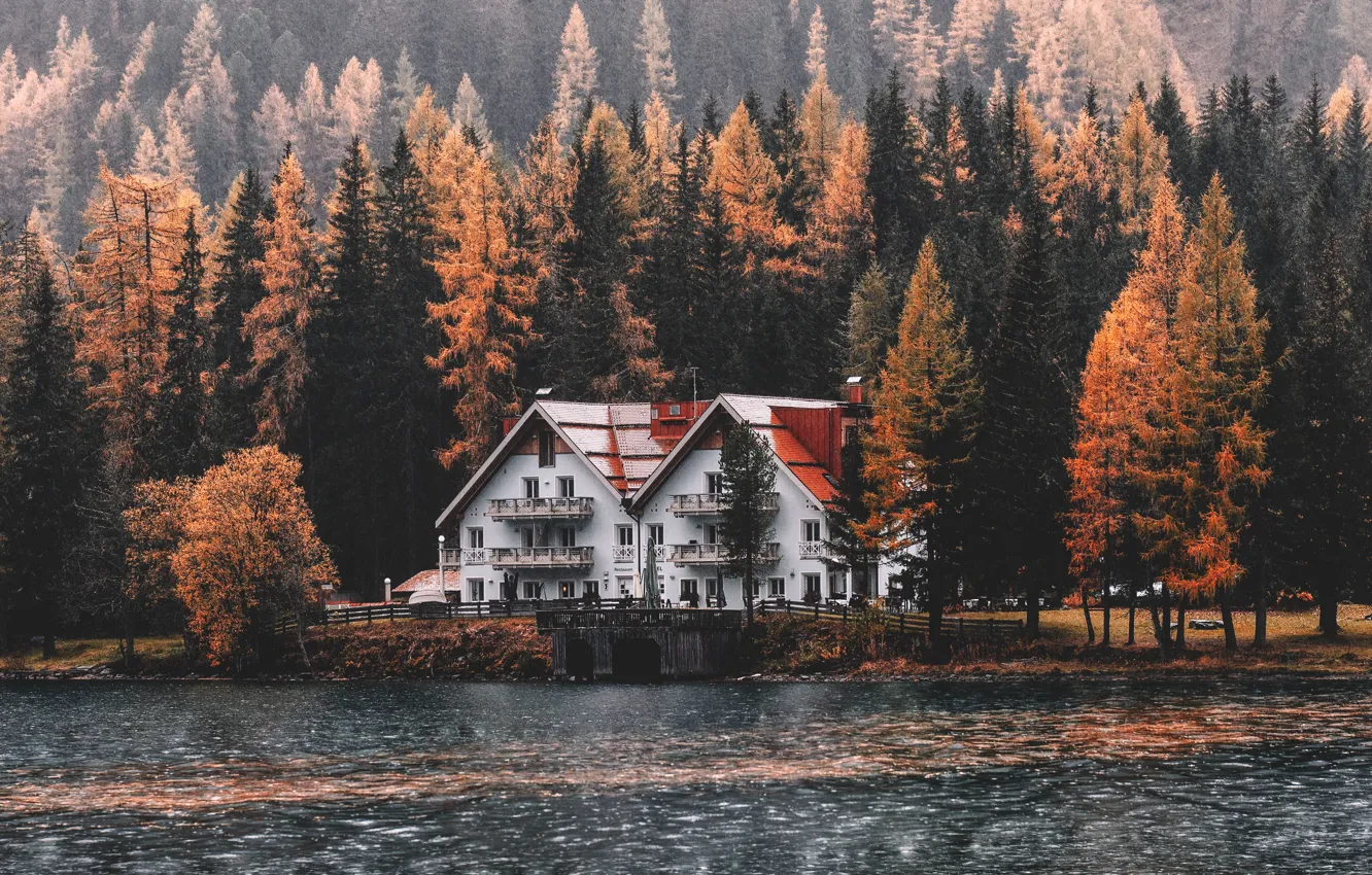 Photo wallpaper Water, Nature, Lake, Trees, Mountain, Forest, House, Landscape