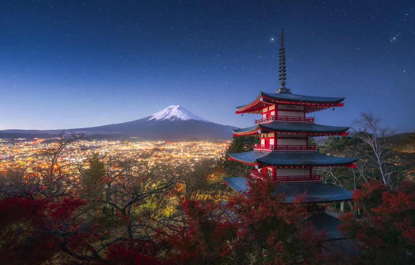 Photo wallpaper trees, the city, mountain, Japan, Fuji, pagoda, Japan, Mount Fuji
