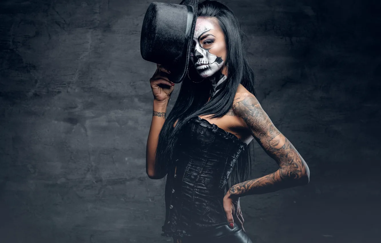 Photo wallpaper woman, tattoos, makeup, hatter, day of the dead
