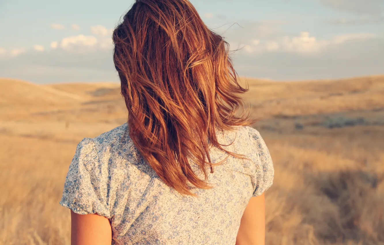Photo wallpaper girl, the wind, hair, back, red