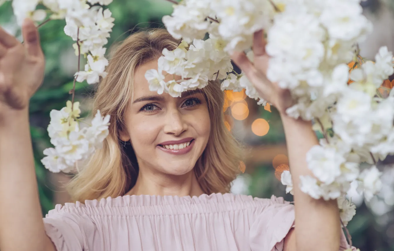 Photo wallpaper girl, flowers, branches, nature, smile, white