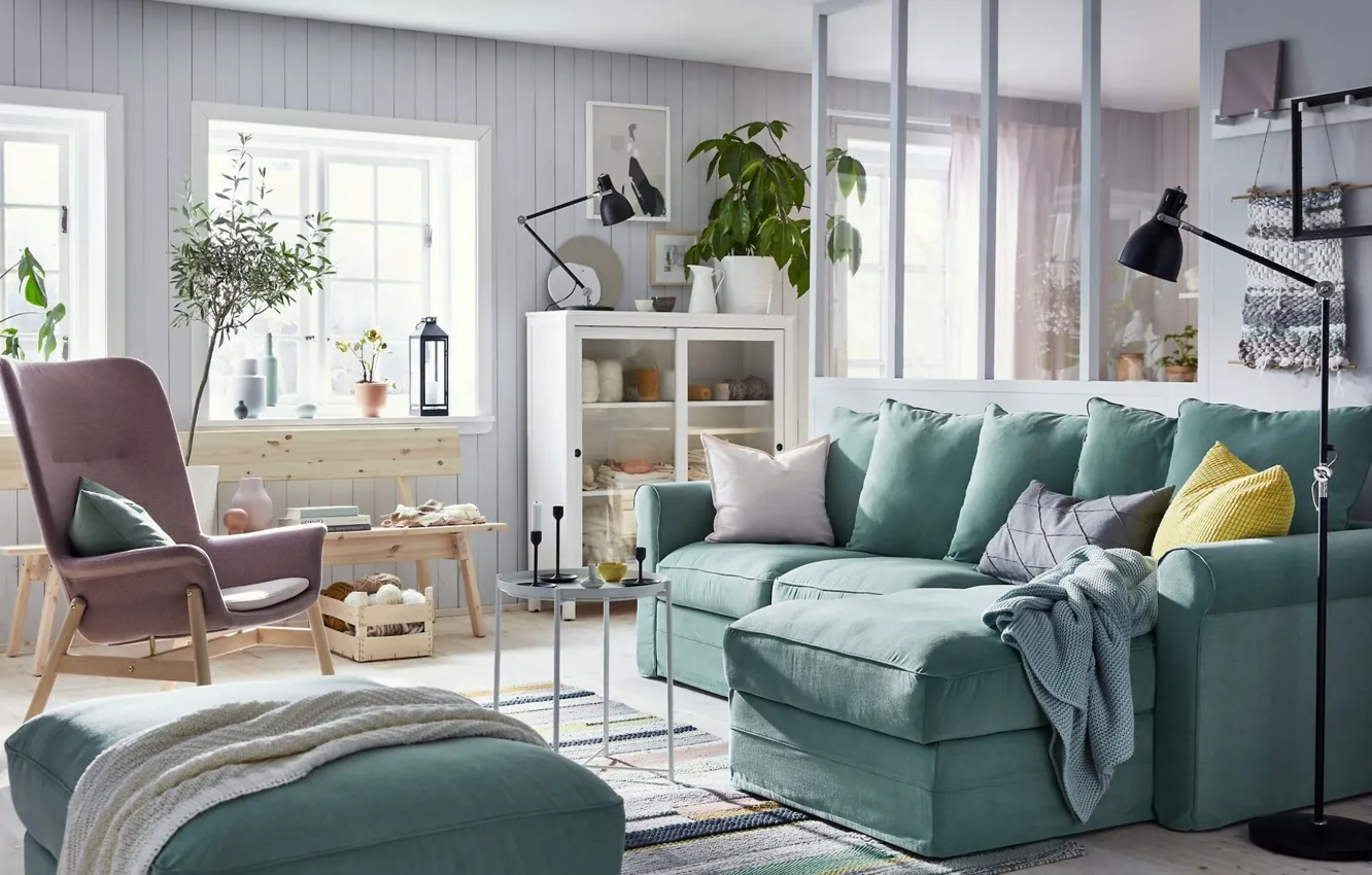 Photo wallpaper design, style, room, interior, living room, upholstered furniture, IKEA, IKEA idea decor