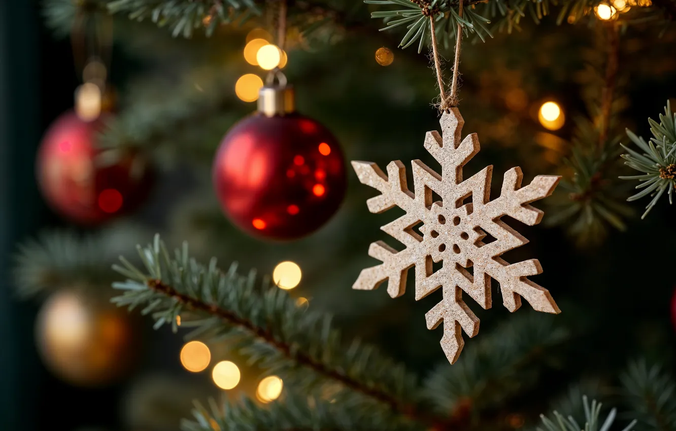 Photo wallpaper decoration, snowflakes, toy, tree, new year, Christmas, Christmas, tree