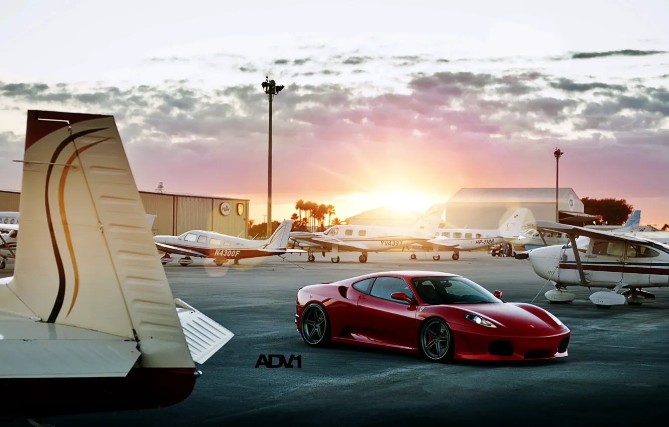 Photo wallpaper the sun, sunset, red, tuning, supercar, ferrari, the airfield, f430