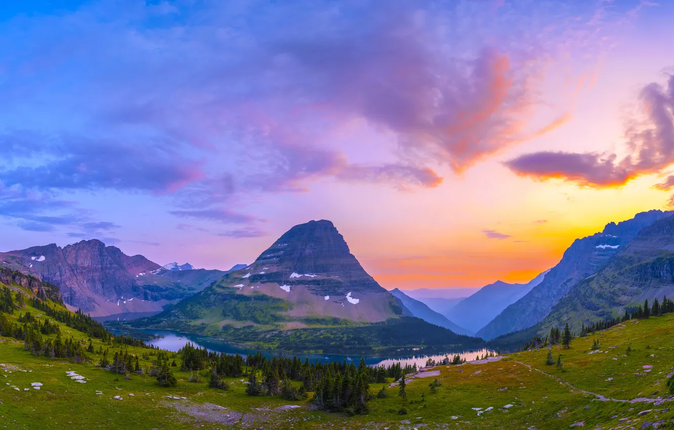 Photo wallpaper forest, the sky, clouds, trees, sunset, mountains, lake, rocks