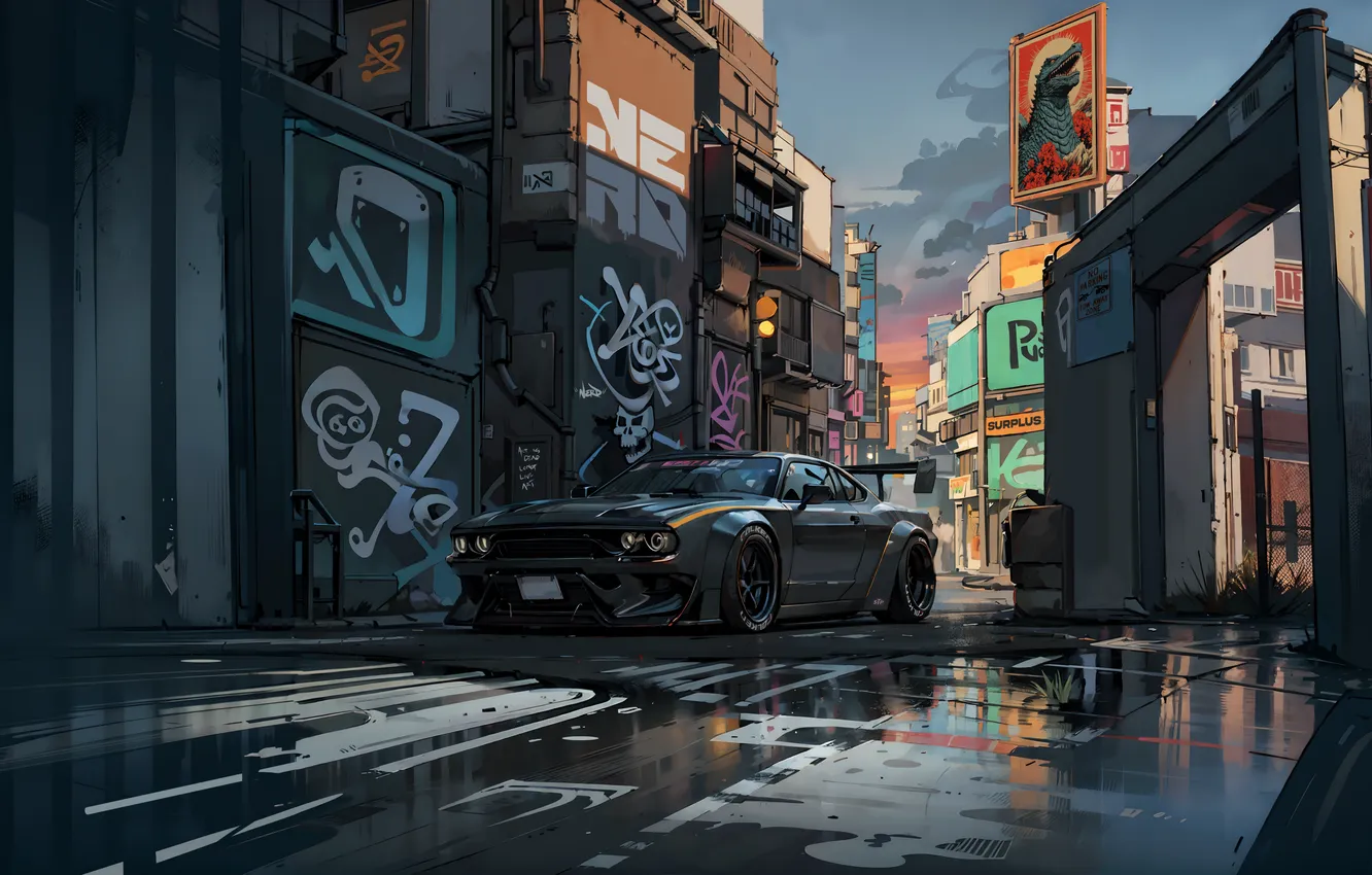 Photo wallpaper the city, graffiti, figure, anime, puddle, car