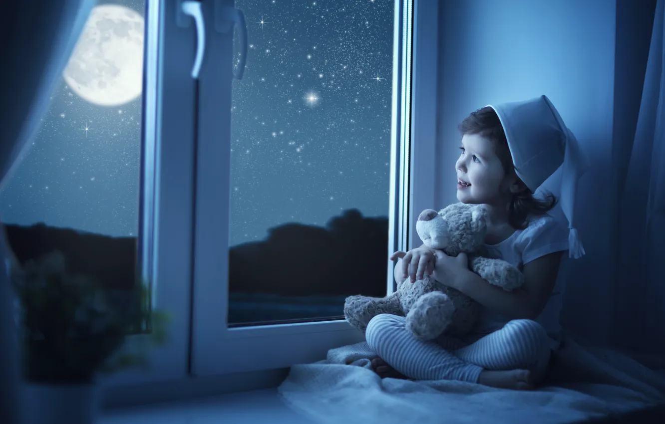 Photo wallpaper children, the moon, toy, bear, window, girl