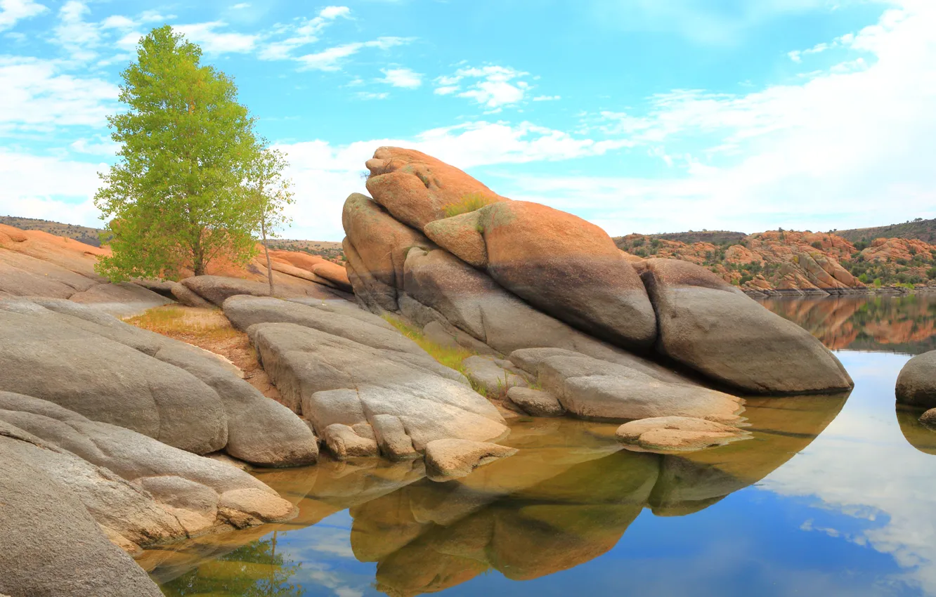 Photo wallpaper the sky, trees, lake, stones, rocks