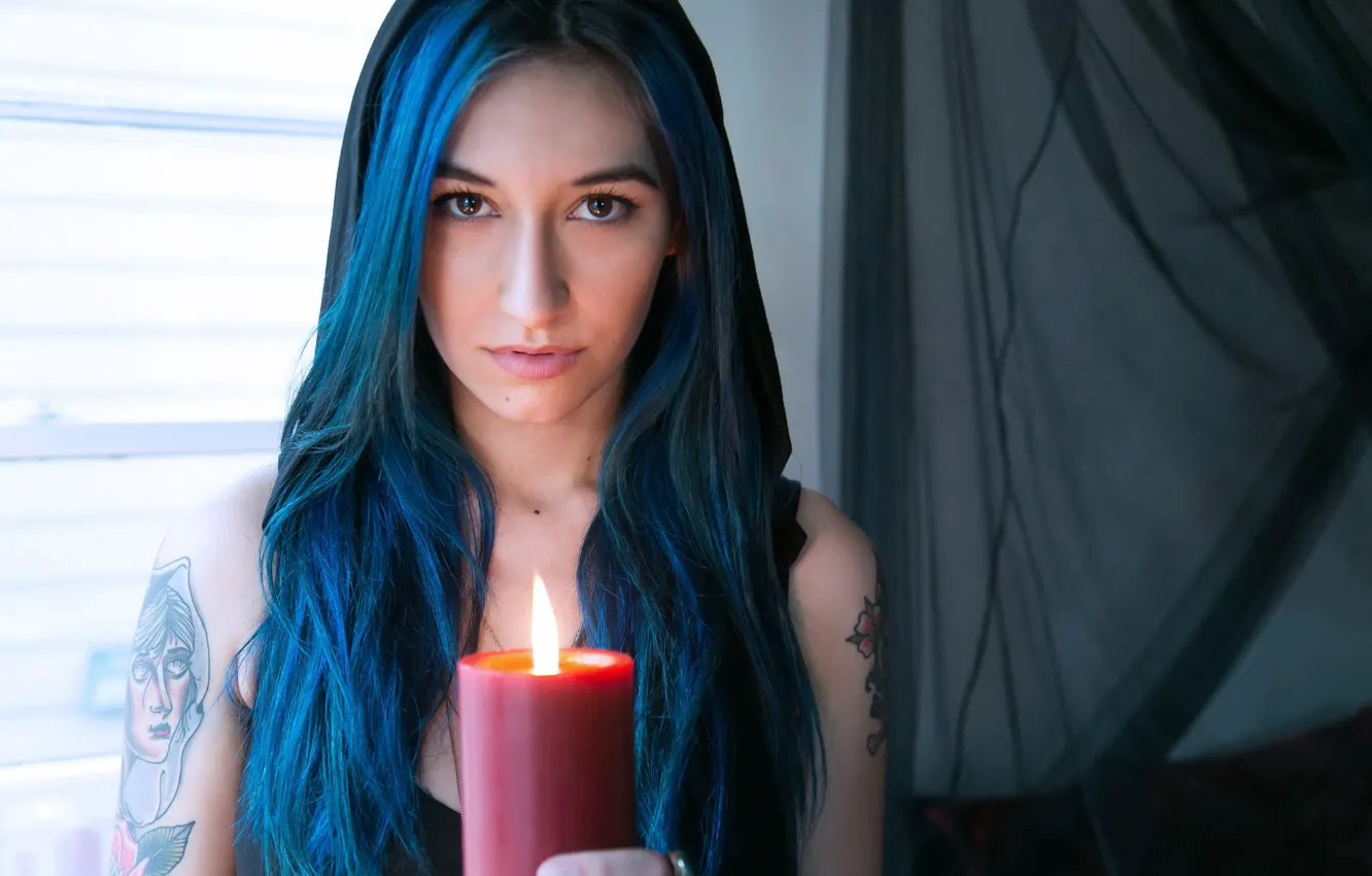 Photo wallpaper girl, model, candles, tattoo, moon, blue hair