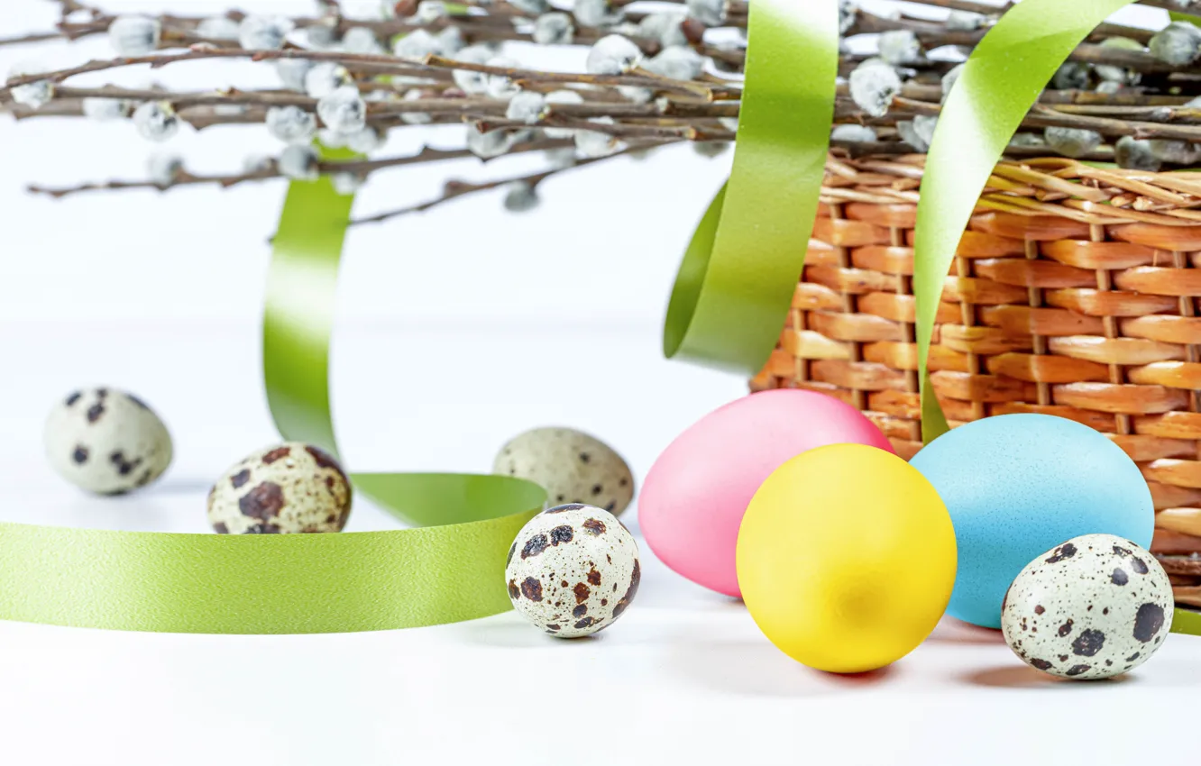 Photo wallpaper branches, basket, eggs, Easter, tape, white background, Verba, eggs