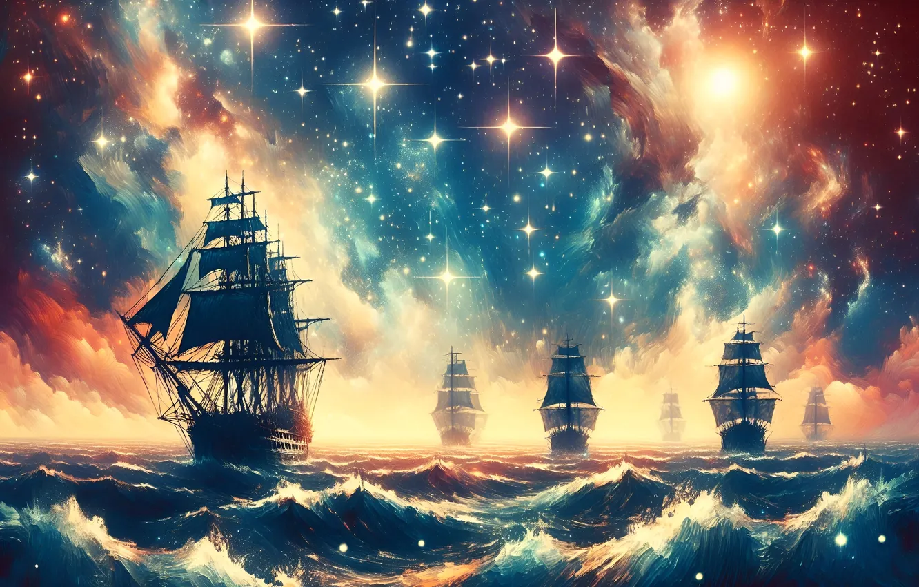 Photo wallpaper sea, wave, stars, landscape, night, lights, for, ship
