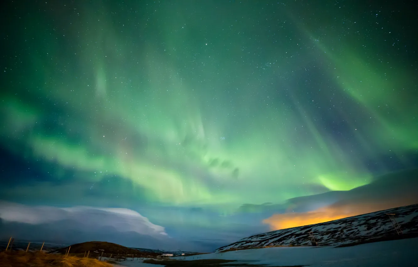 Photo wallpaper snow, mountains, night, lights, Scandinavia