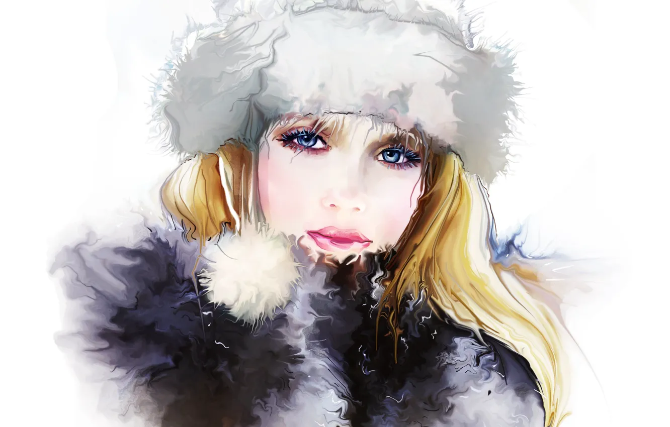 Photo wallpaper winter, eyes, look, girl, face, eyelashes, hat, hair