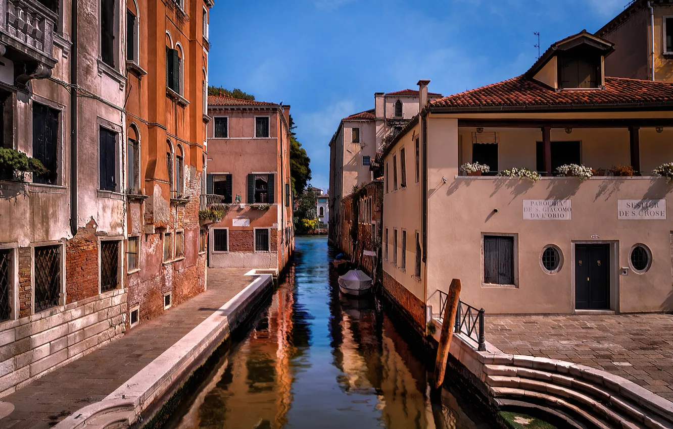 Photo wallpaper the sky, boat, home, morning, Italy, Venice, channel, stage