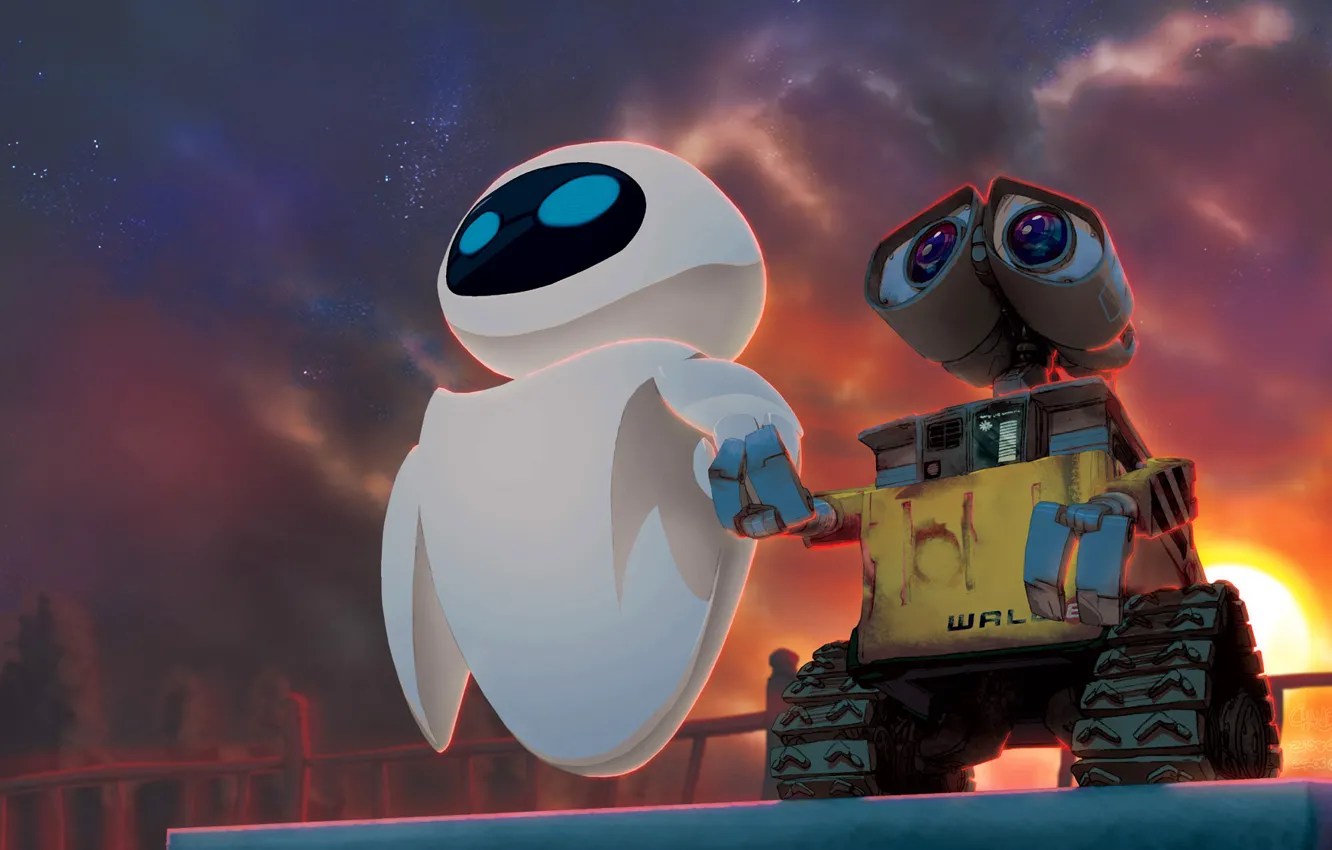 Photo wallpaper sunset, cartoon, robot, art, Eva, walle, IVA, valley