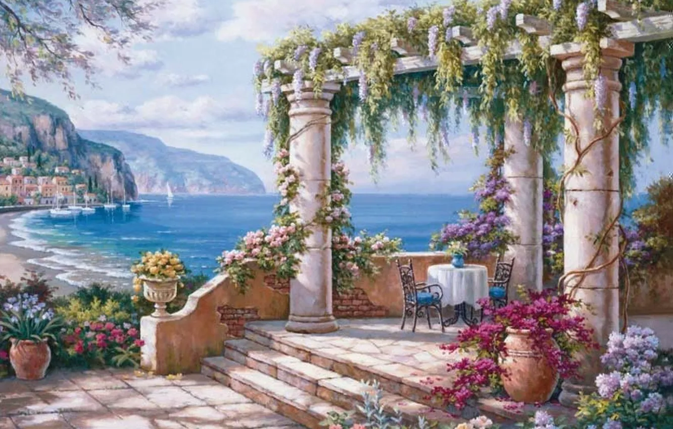 Photo wallpaper sea, flowers, picture, yachts, columns, painting, terrace, painting