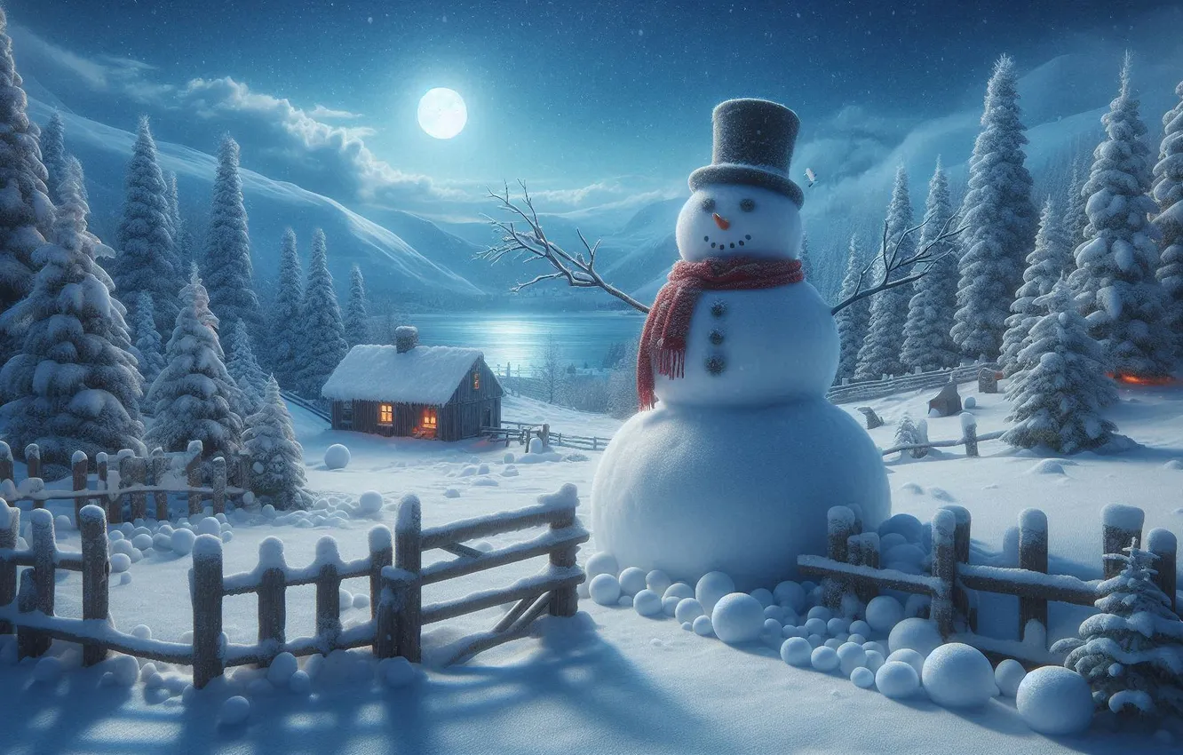 Photo wallpaper winter, frost, field, forest, the sky, clouds, balls, snow