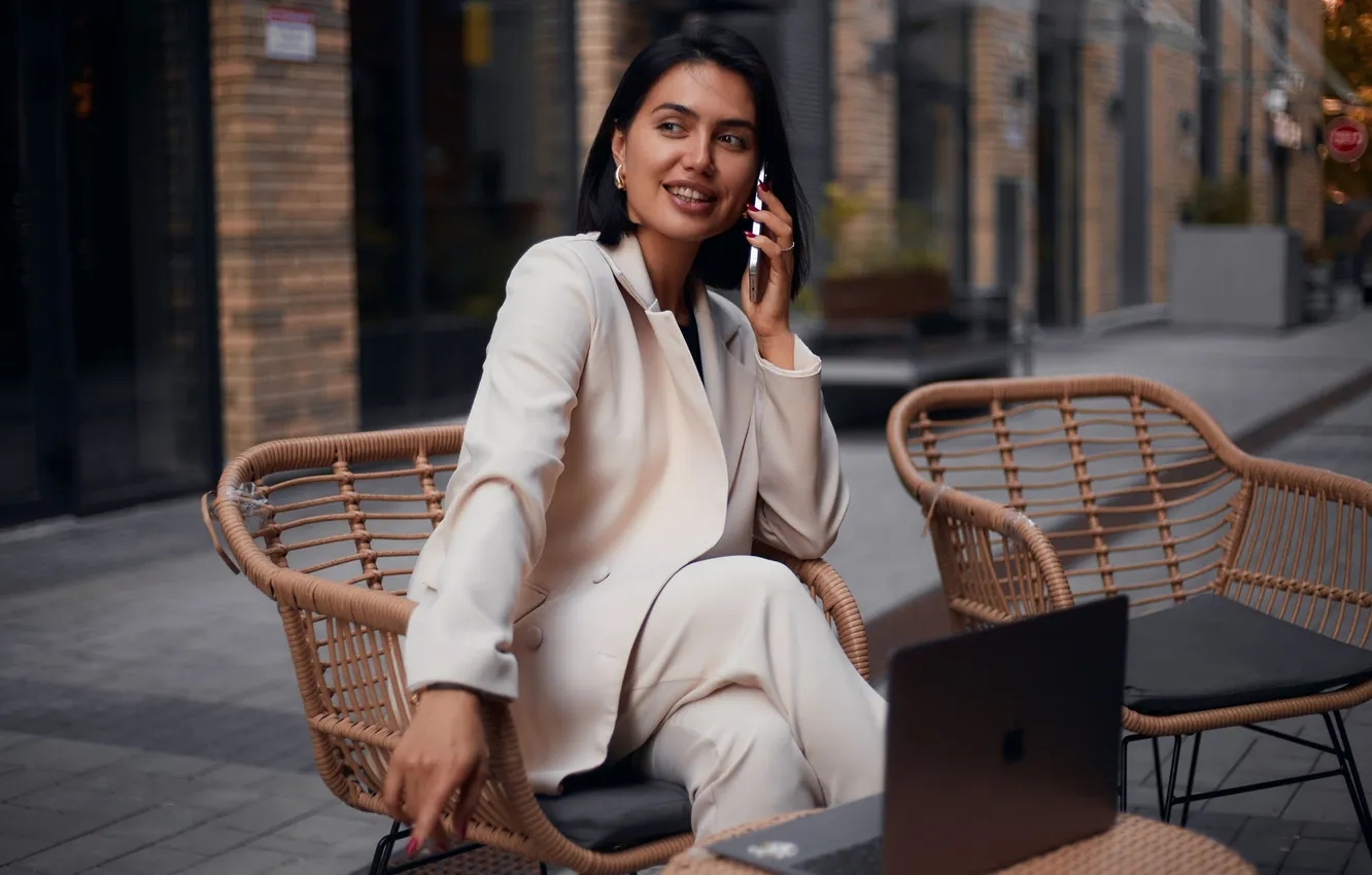 Photo wallpaper girl, pose, style, brunette, costume, phone, jacket, pants