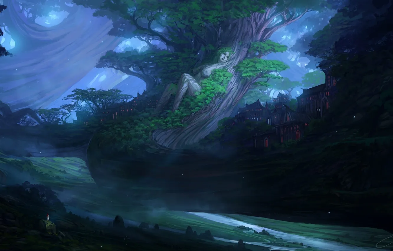 Photo wallpaper trees, landscape, night, the city, river, fiction, woman, body