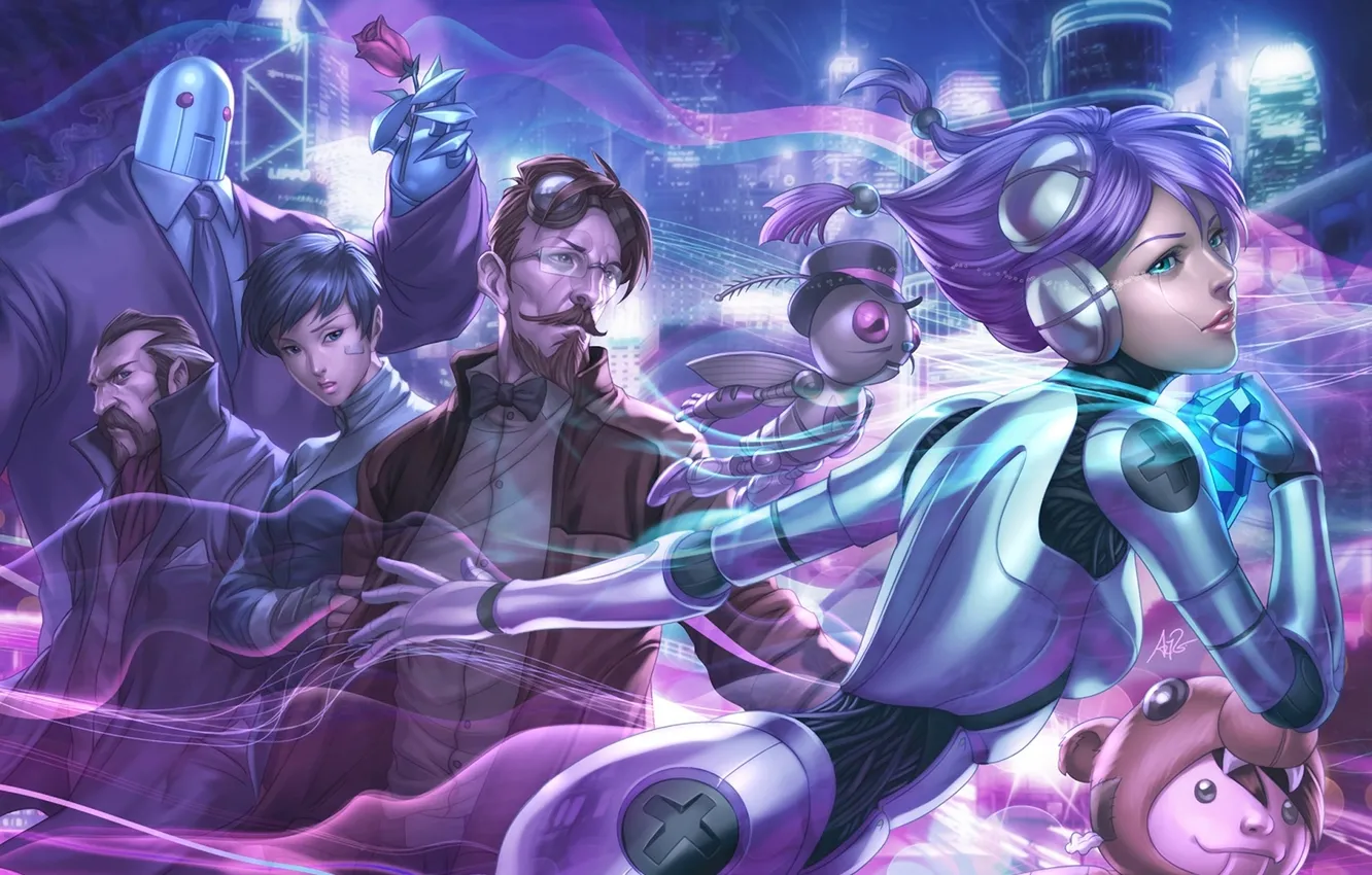 Photo wallpaper girl, the city, robot, roses, tears, company, scientist