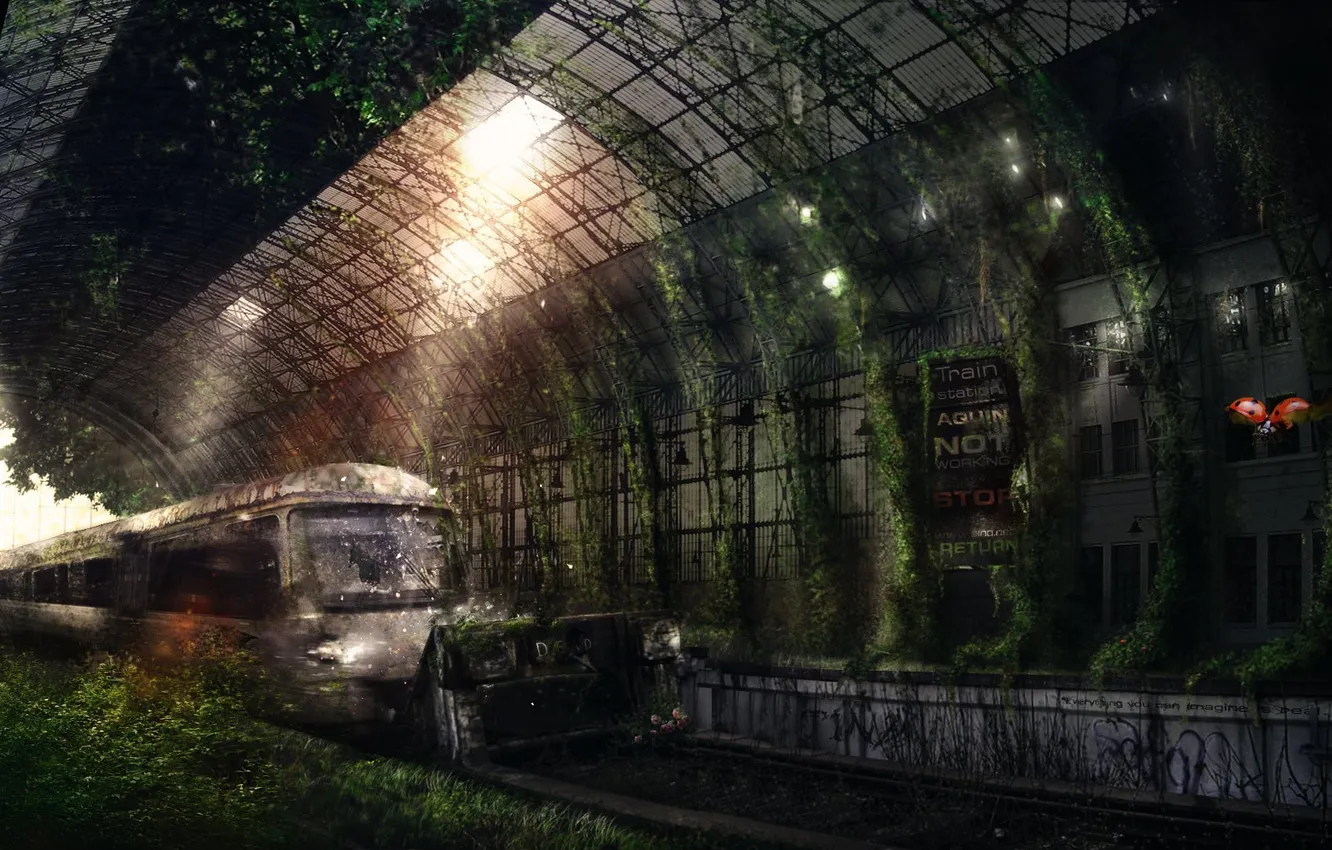 Photo wallpaper greens, rays, light, train, painting, Aquin station