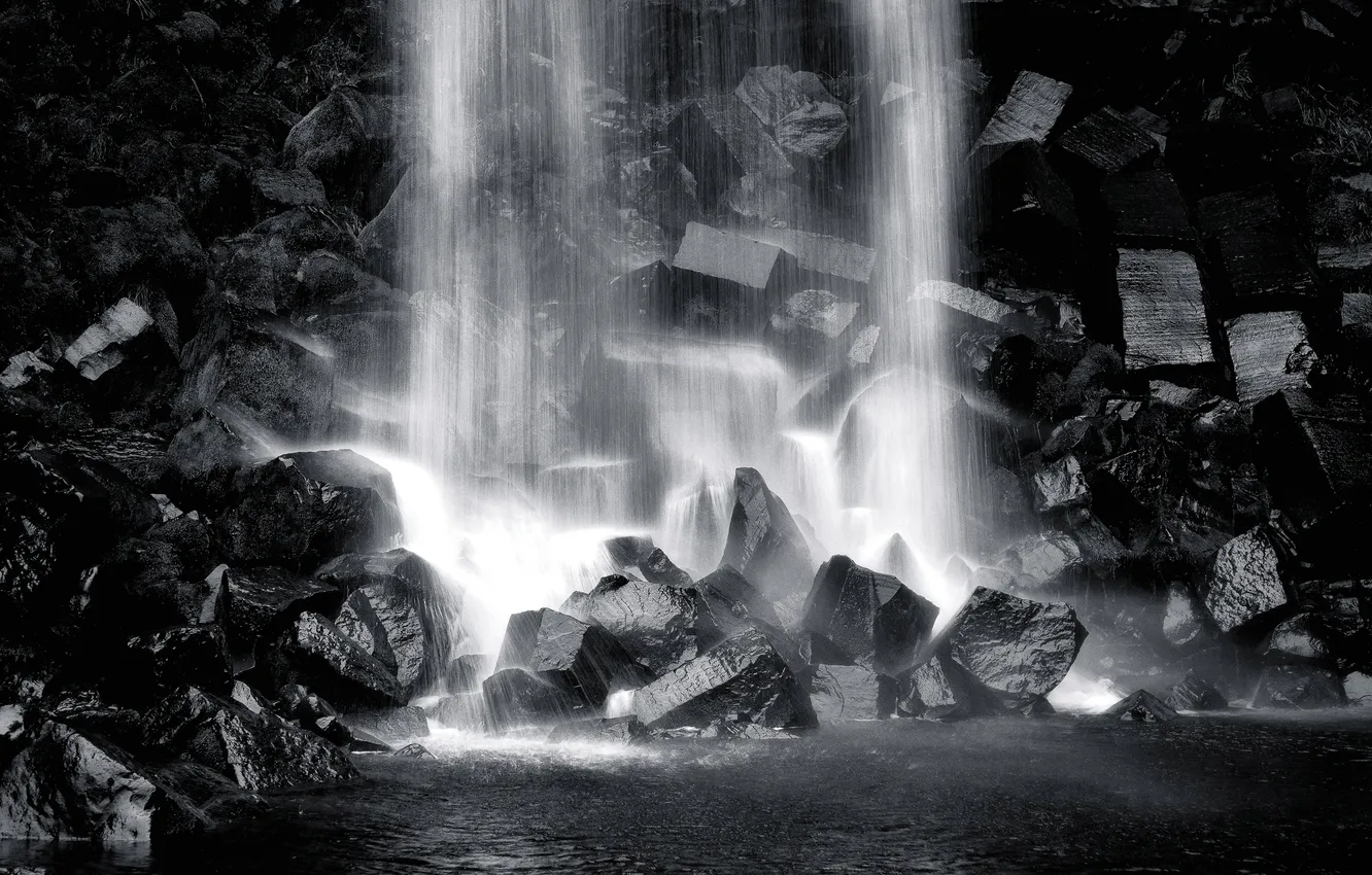 Photo wallpaper stones, waterfall, black and white, black and white