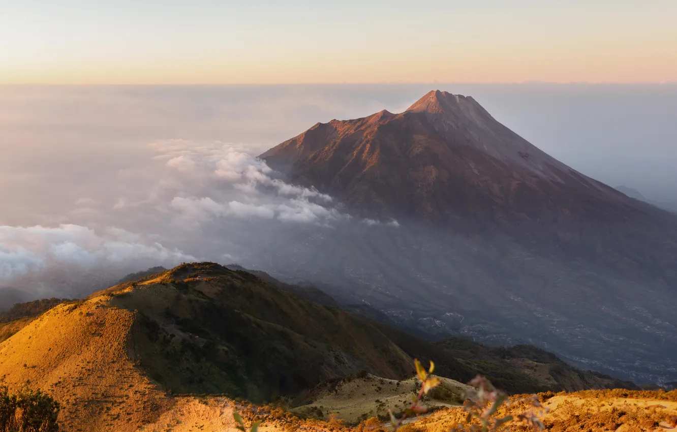 Photo wallpaper sunset, mountains, clouds, Asia, mist, Indonesia, volcano, Mountain View